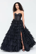 KissProm-Harmony Black A-Line Sweetheart Tiered Tulle Prom Dress with Slit