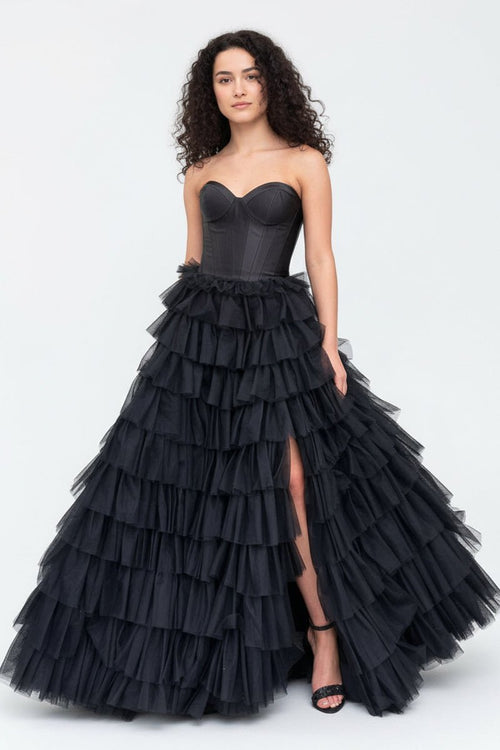 KissProm-Harmony Black A-Line Sweetheart Tiered Tulle Prom Dress with Slit