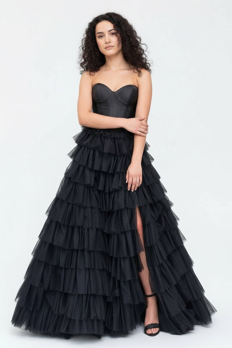 KissProm-Harmony Black A-Line Sweetheart Tiered Tulle Prom Dress with Slit