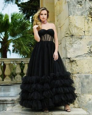 KissProm-Black A-line Corset Strapless Tulle Prom Dress with Ruffles