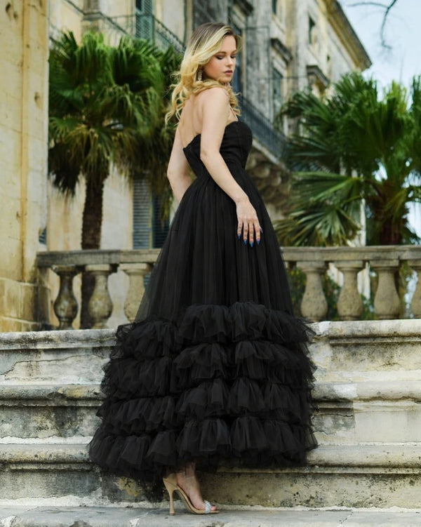 KissProm-Black A-line Corset Strapless Tulle Prom Dress with Ruffles