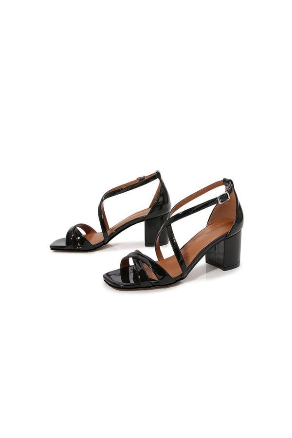 Black Cross Strappy Block Heel Sandal - KissProm
