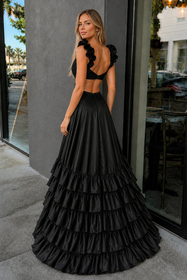 Black Cutout Ruffle A-Line Long Prom Dress with Slit - KissProm