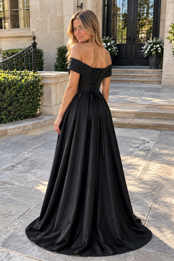 Black A-Line Prom Dresses Celebrity Style Dress Christmas Sleeveless Off The Shoulder Satin with Slit - KISSPROM PROM DRESSES