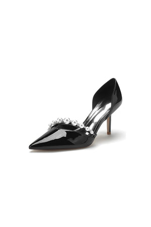 Black Elegant High Heels with Pearl Decoration - KissProm