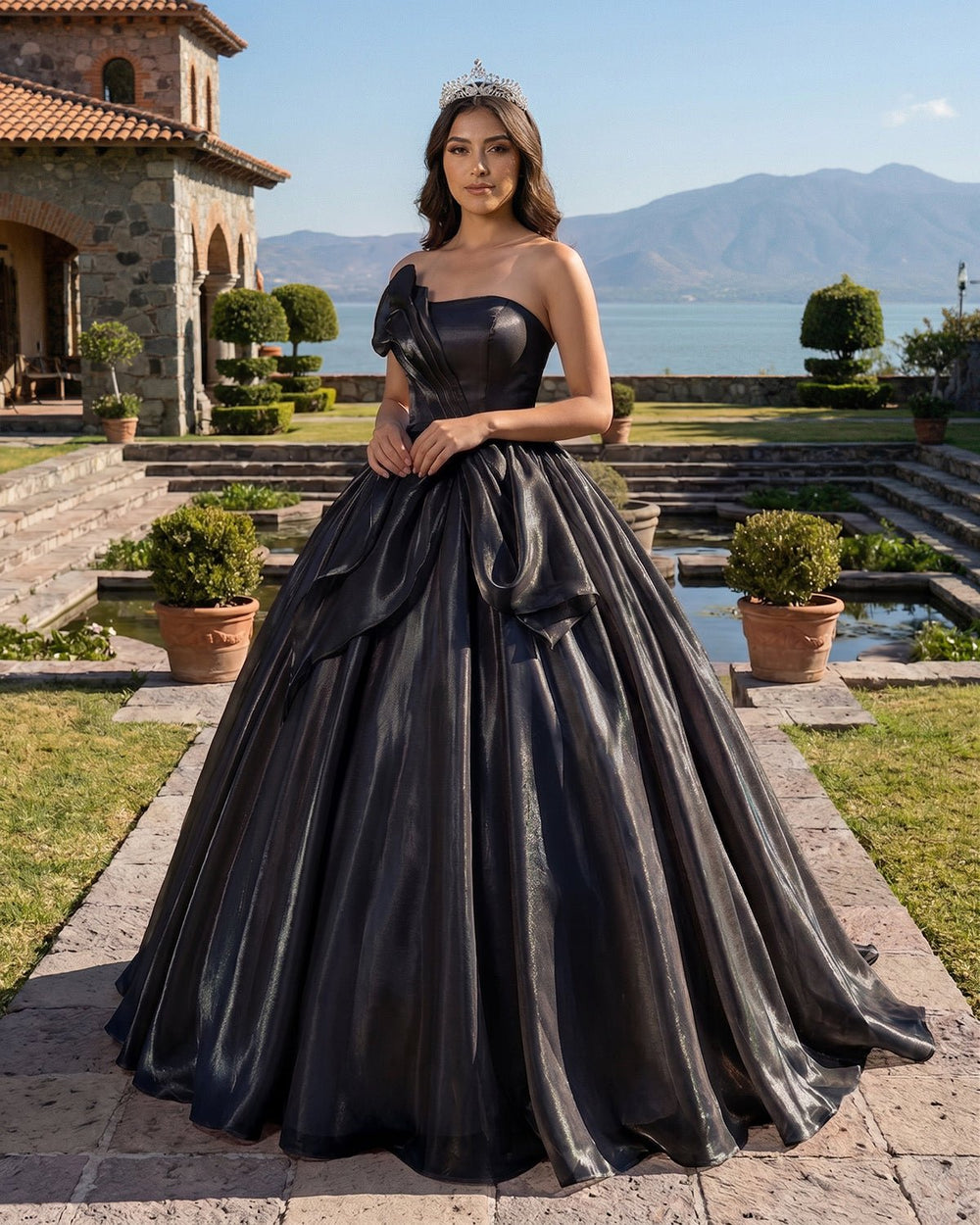 Black Elegant Organza Strapless Quinceanera Dresses | KISSPROM