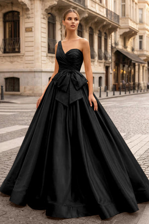 KissProm-Black One Shoulder Satin A Line Prom Dress With Bow