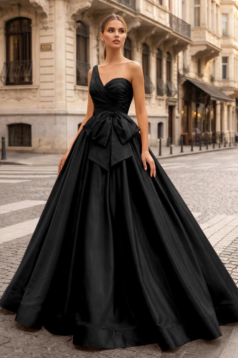 KissProm One Shoulder Satin A Line Prom Dress With Bow, Navy Blue / 14