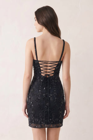 Black Floral Lace Beaded Lace-Up Back Homecoming Dress (2) | KISSPROM