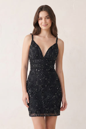Black Floral Lace Beaded Lace-Up Back Homecoming Dress | KISSPROM