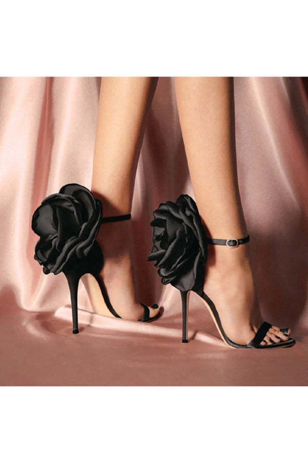 Black Flower Embellished High Stiletto Heel Sandals - KissProm