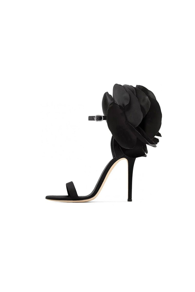 Black Flower Embellished High Stiletto Heel Sandals - KissProm