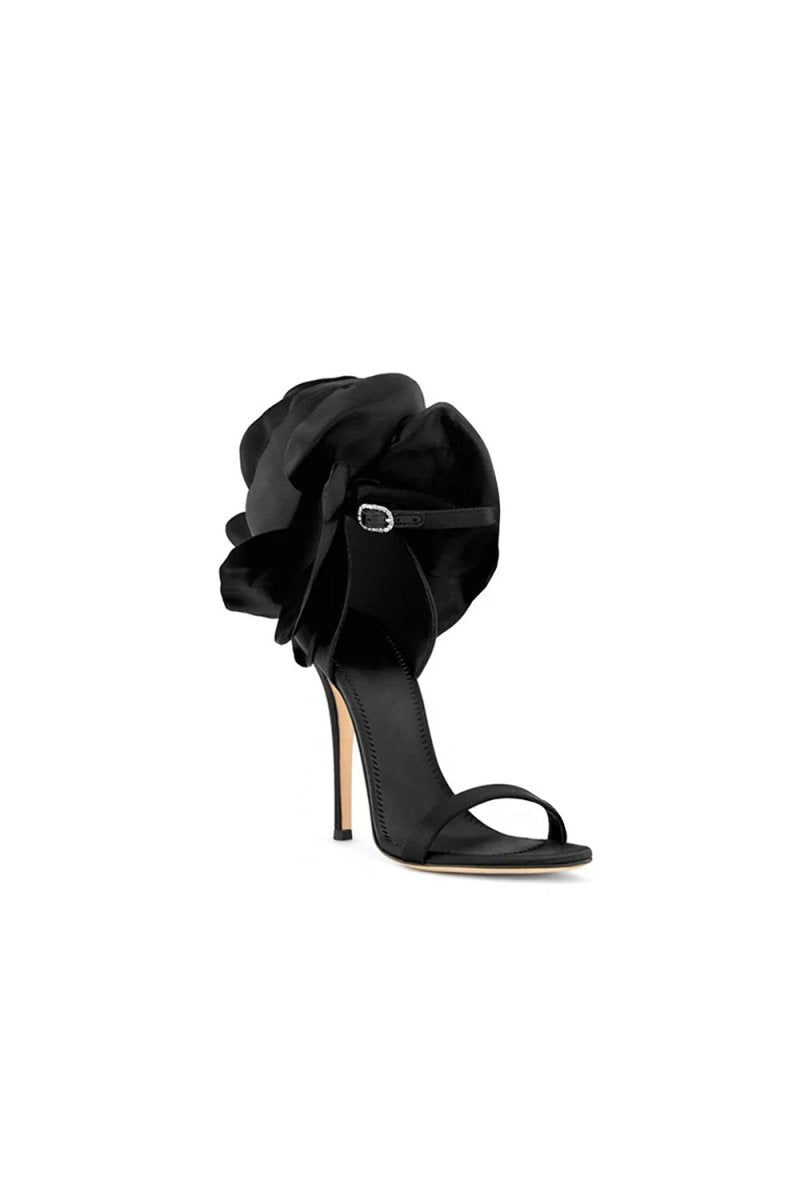 Black Flower Embellished High Stiletto Heel Sandals - KissProm