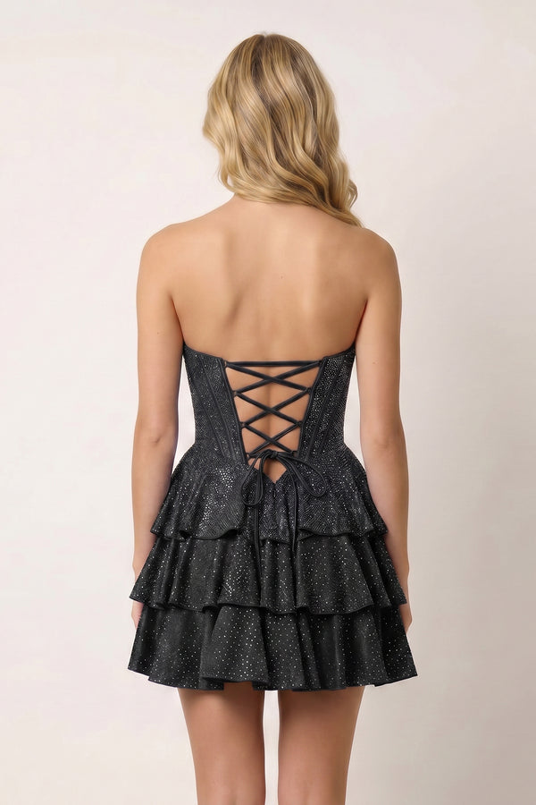 Black Glitter Beaded A-Line Ruffled Corset Satin Homecoming Dress - KISSPROM