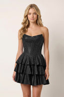 Black Glitter Beaded A-Line Ruffled Corset Satin Homecoming Dress - KISSPROM