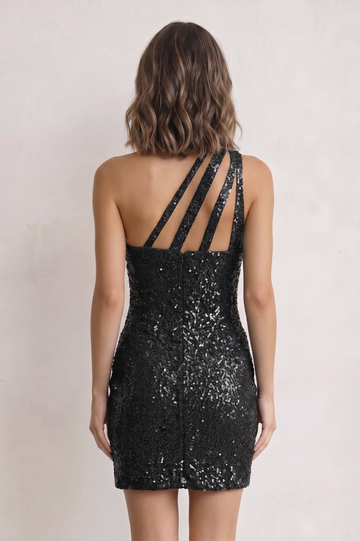 KissProm Hot Pink Sheath One Shoulder Sequins Mini Party Dresses, Black / 14