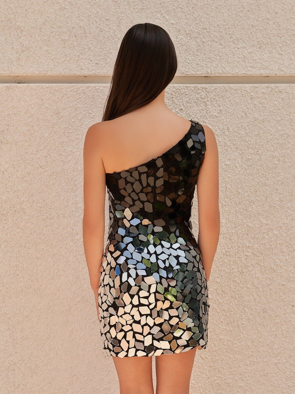 Black Gradient Cut Glass Mirror One-Shoulder Mini Party Dresses - KissProm