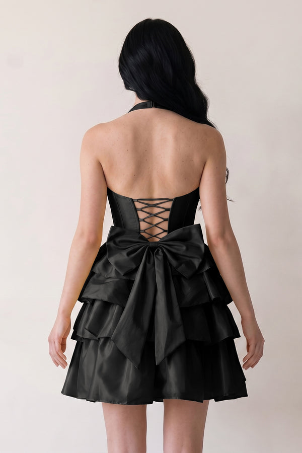 Black Halter A Line Ruffles Satin Homecoming Dress With Bow (2) | KISSPROM