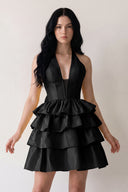 Black Halter A Line Ruffles Satin Homecoming Dress With Bow | KISSPROM