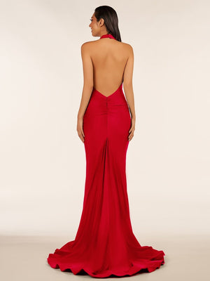 Simple Black Halter Backless Mermaid Long Prom Dress