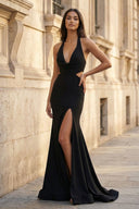 Black Halter Cutout Mermaid Long Prom Dresses with Slit - KISSPROM PROM DRESSES