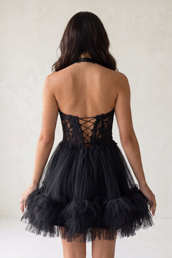 Black Halter Tulle Tiered A-Line Homecoming Dress With Lace Appliques (2) | KISSPROM
