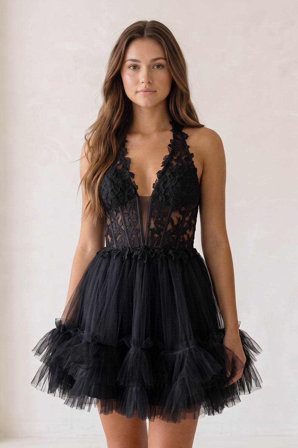 Black Halter Tulle Tiered A-Line Homecoming Dress With Lace Appliques | KISSPROM