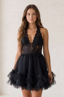 Black Halter Tulle Tiered A-Line Homecoming Dress With Lace Appliques | KISSPROM