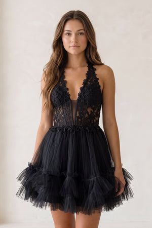 Black Halter Tulle Tiered A-Line Homecoming Dress With Lace Appliques | KISSPROM