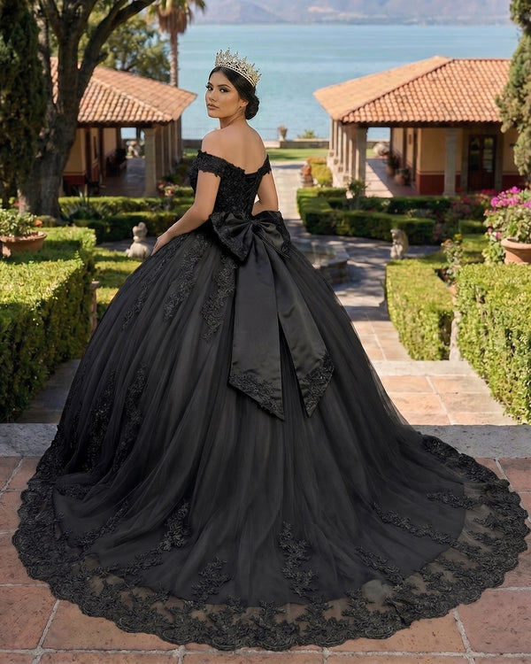 Black Lace Tulle Applique Off Shoulder Quinceanera Dresses (2) | KISSPROM