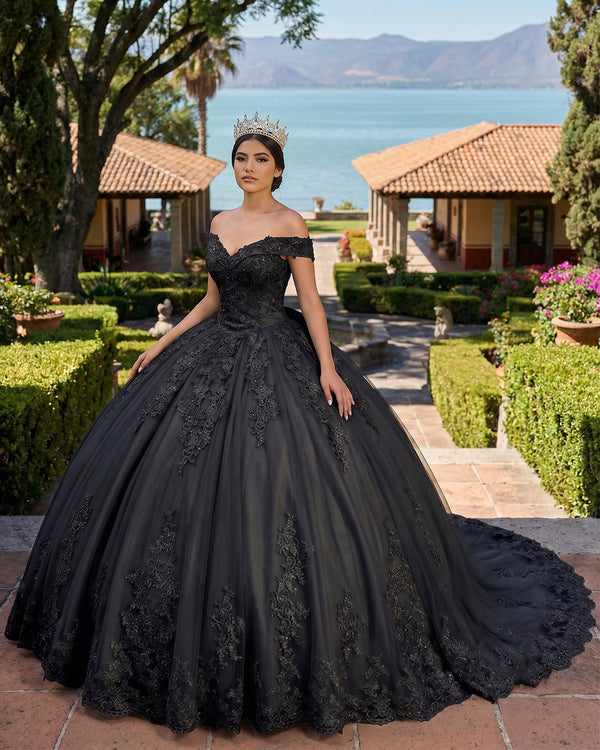 Black Lace Tulle Applique Off Shoulder Quinceanera Dresses | KISSPROM