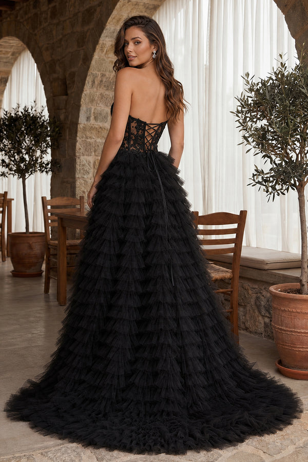 A-line Strapless Multi-Layers Tulle Prom Dress with Slit - KissProm