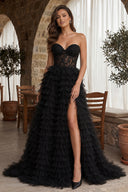 A-line Strapless Multi-Layers Tulle Prom Dress with Slit - KissProm
