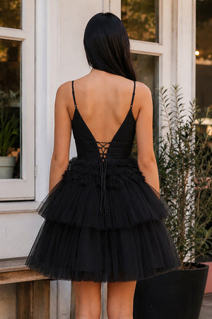 A-Line Deep V Neck Tiered Short Homecoming Dress