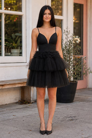 A-Line Deep V Neck Tiered Short Homecoming Dress