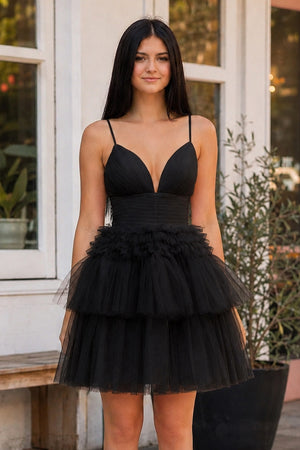 A-Line Deep V Neck Tiered Short Homecoming Dress