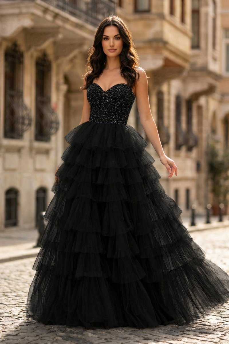 KissProm Spaghetti Straps Sweetheart Layered Tulle Formal Prom Dress with Slit, Black / 00