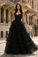 Spaghetti Straps Sweetheart Layered Tulle Formal Prom Dress with Slit - KissProm