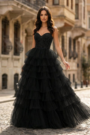 Spaghetti Straps Sweetheart Layered Tulle Formal Prom Dress with Slit - KissProm