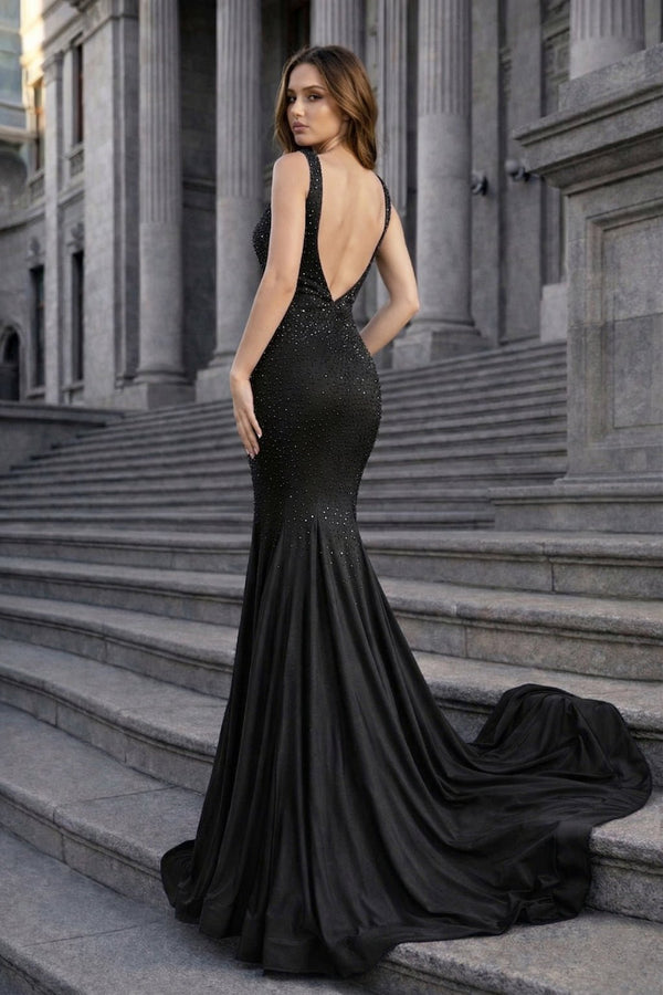Black Mermaid Deep V-Neck Beaded Satin Long Formal Dress (2) | KISSPROM