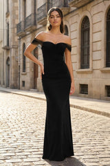 Black Mermaid Off The Shoulder Satin Long Formal Dress | KISSPROM