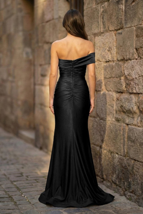 Black Mermaid One Shoulder Satin Long Formal Dress (2) | KISSPROM