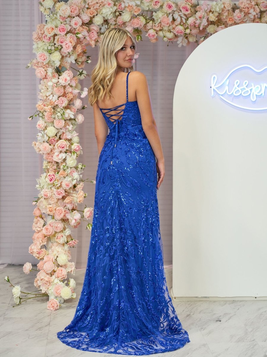 Cute Mermaid Royal Blue Scoop Neck Prom Dress with Slit
