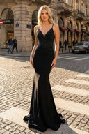 Black Mermaid Spaghetti Straps Beaded Satin Long Formal Dress | KISSPROM
