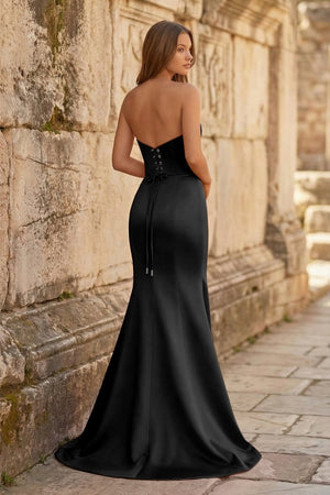 Red Mermaid Strapless Satin Long Prom Dresses With Slit - KissProm