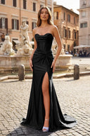 Mermaid Strapless Satin Long Prom Dress With Slit – Prom Dress by KissProm | Available at KissProm