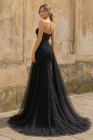 Black Mermaid Sweetheart Neck Lace Long Prom Dress With Appliques - KissProm