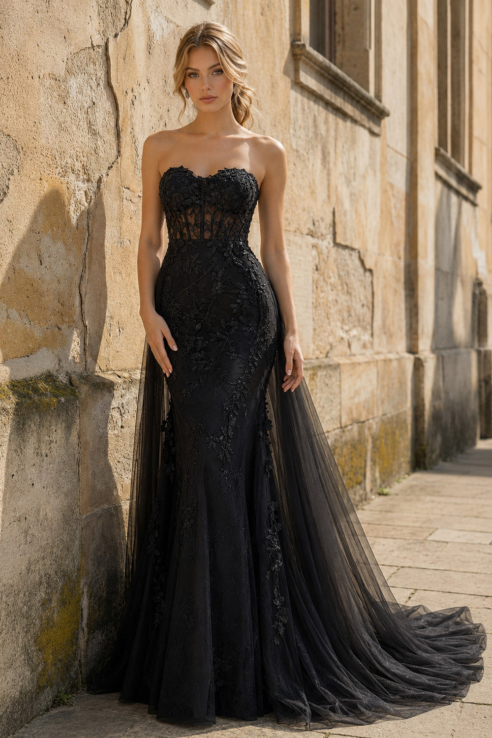Black Mermaid Sweetheart Neck Lace Long Prom Dress With Appliques - KissProm