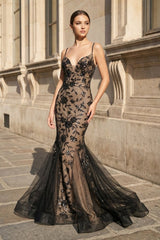 Black - Nude Mermaid Spaghetti Straps Tulle Long Prom Dresses With Floral Sequins - KissProm