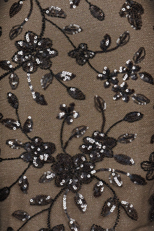 KissProm- Black-Nude Mermaid V Neck Tulle Long Prom Dresses With Floral Sequins